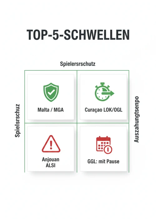 Übersicht der fünf besten Online-Casinos ohne deutsche Pausenregeln, symbolisiert durch Spielkarten und Chips